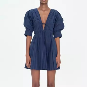 Vestido de Lino de Alta Calidad a Bajo Precio para Mujer, Estilo Elegante para Cena, Sexy, con Escote Profundo en V, Manga Abullonada, Mini Vestido de Verano para Dama - Product Image 1