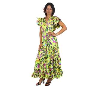 Robe longue florale pour femmes, jaune et violette, manches à volants, col en V, robe d'été longue - Product Image 2