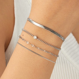 Gold Plated Stainless Steel Layered Chain <b>Bracelet</b> <b>Set</b> With Diamond Inlay For Women Fashion Jewelry - Product Image 2