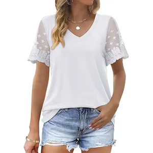 Wholesale Casual V Neck T Shirts for Women Lace Short Sleeve Curved Hem Tops Loose Fit