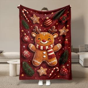 Manta de Franela Navideña con Diseño de Reno, Galleta de Jengibre y Santa Claus, Manta para Siesta, Cálida, Acogedora, Súper Suave, OEM ODM - Product Image 3