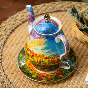 Oil Painting Tulip Bone China Tea <b>Set</b> - French Pastoral Gold Rim <b>Teapot</b> with Cup - Product Image 2