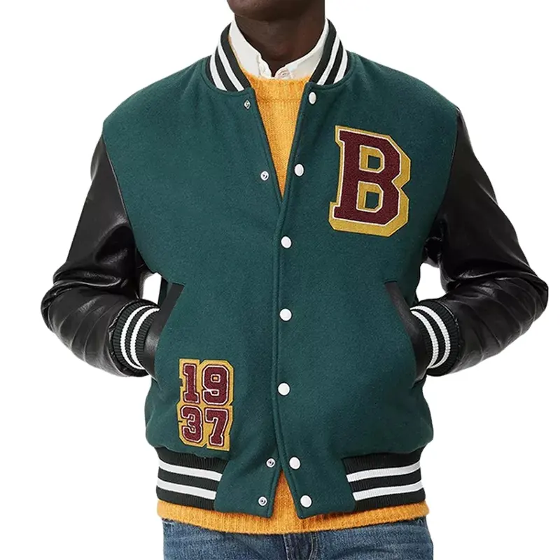 Tela de lana de etiqueta privada personalizada para chaqueta de equipo universitario, botones, ligera, fina, Bomber, piel de cordero, chaqueta de cuero