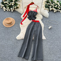 Ensemble haut et pantalon long pour femmes, style Y2K, été, dentelle contrastée, haut à bretelles, taille haute, pantalon large