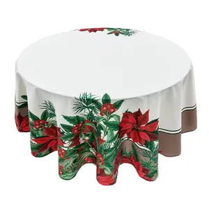 라운드 150cmR 크기 카키 홀리 꽃 작은 꽃 패턴 디자인 크리스마스 스타일 폴리 에스테르 코튼 식탁보