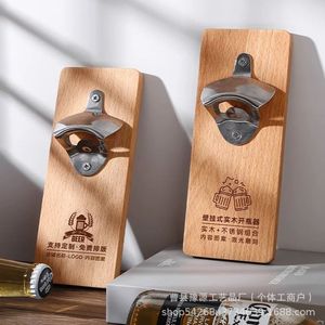 Solid Beech Wood Wall Mount <b>Beer</b> Opener Stainless Steel Laser Engraved Custom Logo - Product Image 3