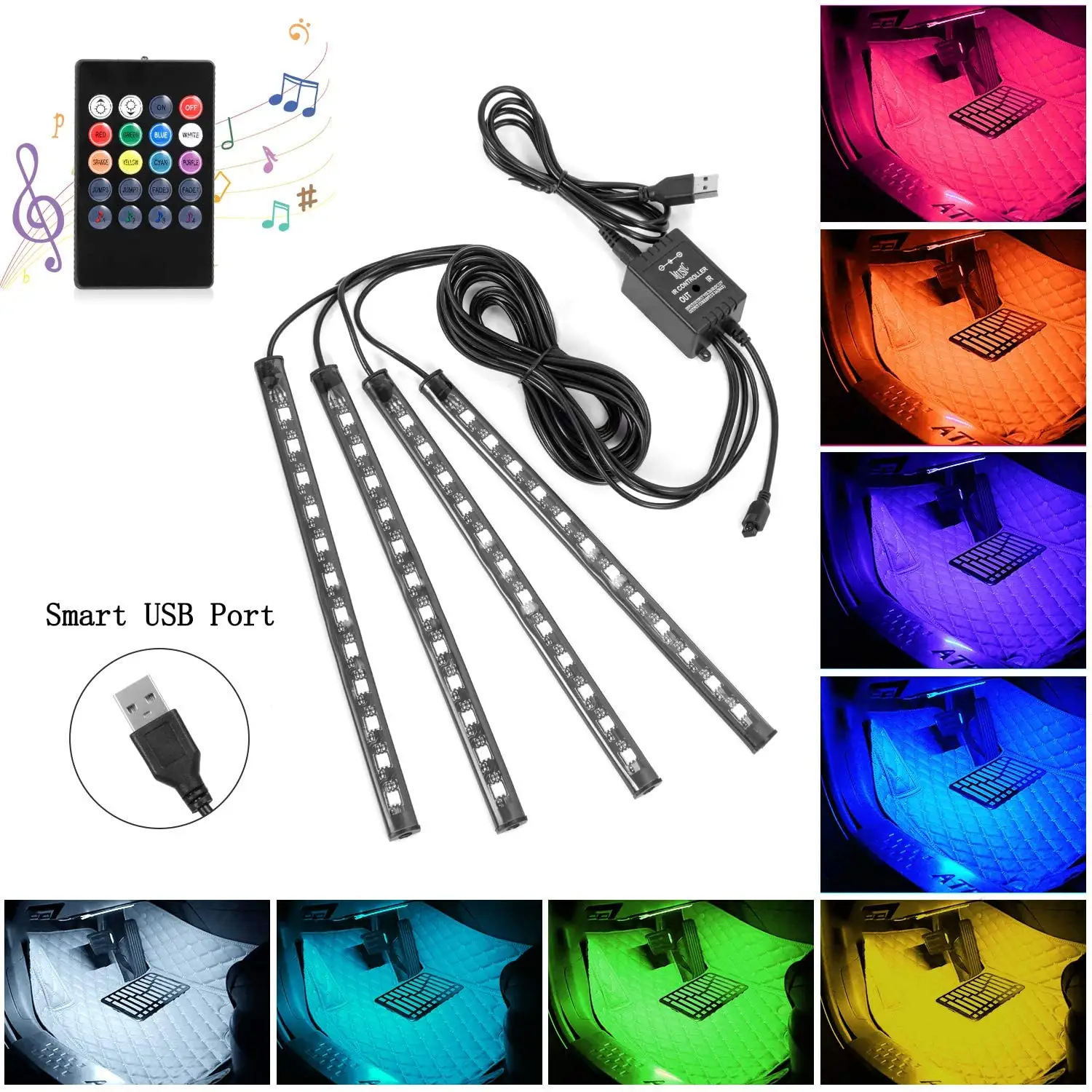 LED Musical Remote Control RGB Car Strip Light For Car Interior Colorful Atmostphere Ambient Light