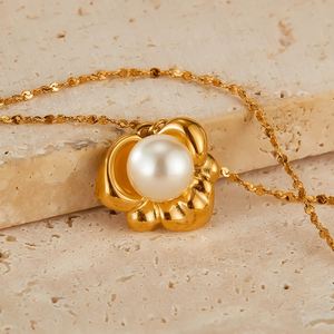French Style Stainless Steel Gold Plated Pearl Bead <b>Statement</b> <b>Necklace</b> for Women Fashion Jewelry Link Chain Flower Shape - Product Image 4