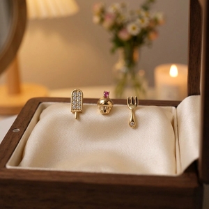 E938 Let's Get Started Pendientes de botón de plata S925 con baño de rodio y oro de 14K, con diseño divertido y creativo de tenedores, paletas y pasteles, con circonita, Christian - Product Image 1