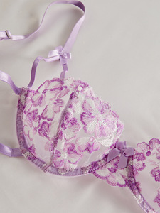 Wholesale Purple Floral Embroidery Women's Lingerie <b>Set</b> <b>Sexy</b> Sheer Lace Underwire Bra and Tie Side Thong with Bow Details - Product Image 4