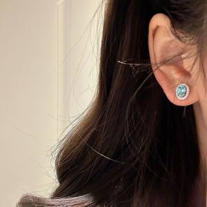 S925 Sterling Silver <b>Fine</b> <b>Dangle</b> <b>Earrings</b> for Women Delicate Oval Diamond Sea Blue Treasure Detachable Niche Two-Wearing Set - Product Image 2