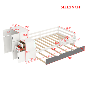 Twin Size Wood Platform <b>Bed</b> with Sample Bookshelf and Movable Wardrobe, Multifunctional <b>Bed</b> with Built-in Trundle <b>Bed</b> - Product Image 6