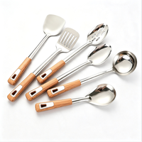 Ensemble de 6 ustensiles de cuisine en acier inoxydable, écologiques, finition miroir, manche en plastique imitation bois, pour la maison, la cuisine et les restaurants