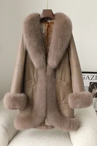 2023 nuovo cappotto da donna originale <span class=keywords><strong>in</strong></span> pelle <span class=keywords><strong>ecologica</strong></span> con <span class=keywords><strong>pelliccia</strong></span> integrata di mezza lunghezza con collo di <span class=keywords><strong>pelliccia</strong></span> di volpe grande - Product Image 6