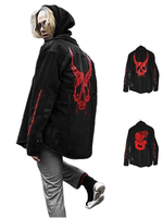 Veste en jean noire pour homme, style punk, manches longues, broderie tête de mort rouge, streetwear d'automne, coupe ample, simple boutonnage