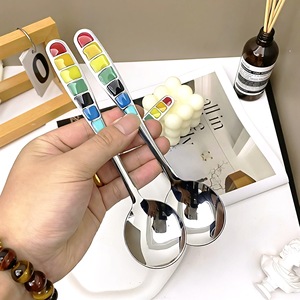 Stainless Steel Rainbow Enamel Spoon Round Head <b>Dessert</b> Spoon Household Eating Spoon Cooking Spoon - Product Image 1