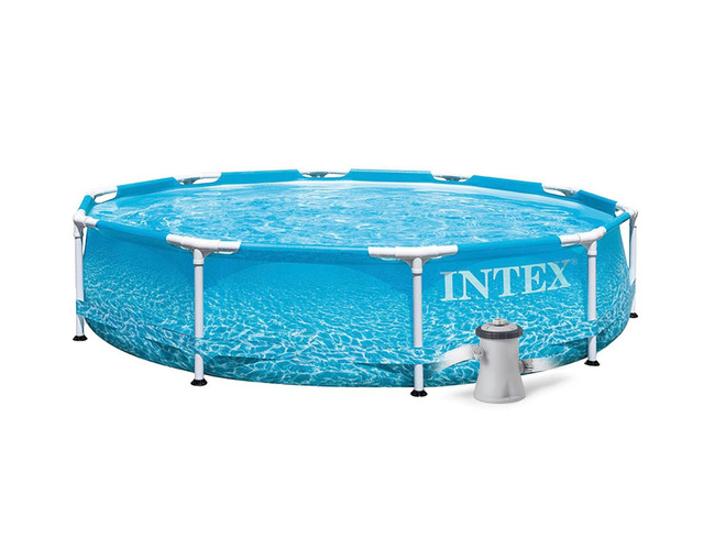 INTEX 28208 10FT X 30IN PVC Frame Blue Pool Outdoor Family Ocean Circular Pipe Rack Pool Set Ground Swimming Pump