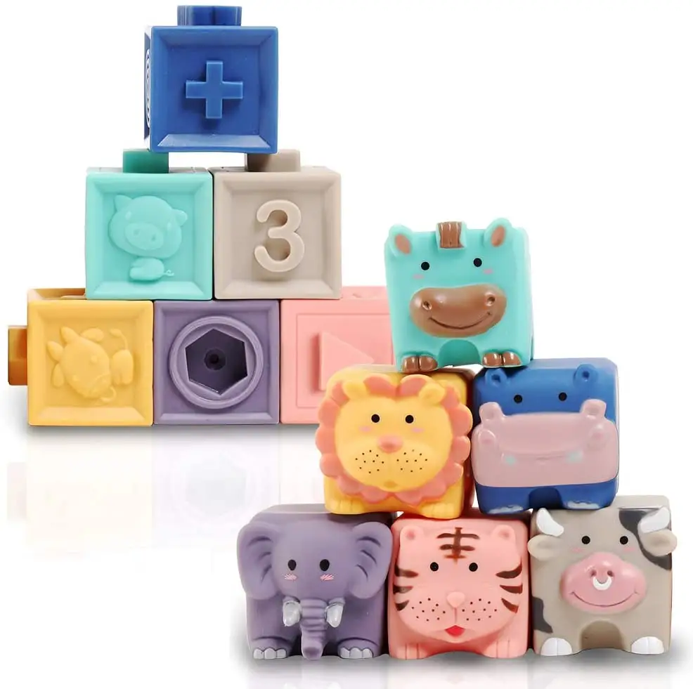 Early educational Bath toy squeeze blocks animal soft silicone building block toys