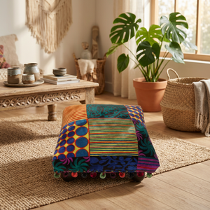 Fair Trade Modern Patchwork Footstool Home Decor Furniture Living Room Upholstered Ottoman <b>Stool</b> Handmade Wooden Warehouse - Product Image 3