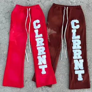 Custom Logo Bulk Applique Graphic Embroidered Patches Stacked Flare Sweat Pants Acid Wash Mens Jogger Flared Cargo Pants