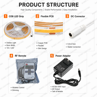 Kit de bande LED COB flexible monocolore blanc chaud sans points, 5M, dimmable, 8mm, DC12V 24V, avec adaptateur d'alimentation et télécommande RF pour intérieur