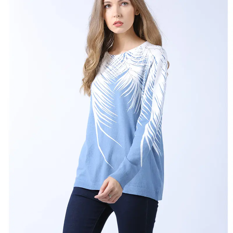 Casual Office Long Sleeve Oversize Knit Sweater Crew Neck Blue White Women Pullover Sweater