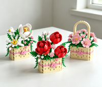 Mini Panier de Fleurs DIY : Blocs de Construction Simulant des Roses, Magnolias et Bauhinias – Briques Ornementales pour Décoration Intérieure et Jouet Cadeau de Fête