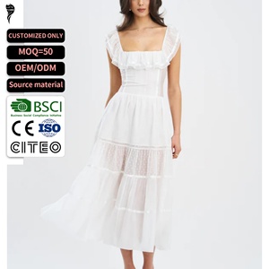 Robe mi-longue OEM personnalisée pour femme, col carré, manches courtes à volants, corsage smocké, tulle à pois, superpositions étagées, fluide, pour les vacances - Product Image 1