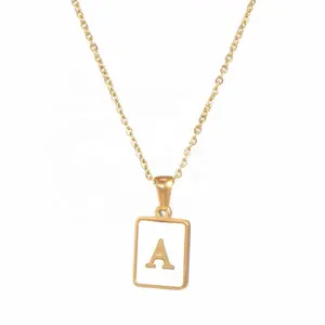 Collier carré unisexe en acier inoxydable, collier original, en or, avec incrustation de coquille blanche, populaire pour hommes et femmes