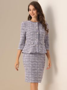 <span class=keywords><strong>Traje</strong></span> de negocios elegante para mujer, falda de <span class=keywords><strong>Tweed</strong></span> de 2 <span class=keywords><strong>piezas</strong></span> y chaqueta de manga <span class=keywords><strong>3</strong></span>/4, patrón sólido informal formal de otoño, talla XL para uso en la oficina - Product Image 4