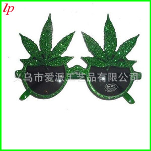 Green Leaf Glitter Sunglasses Full Rim <b>Plastic</b> Unisex St Patrick's Day Party Props LPS0060 - Product Image 2