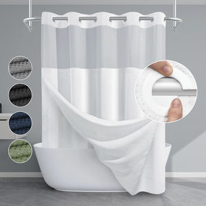 Rideau de douche double couche blanc gaufré avec doublure à clipser, sans crochets, en polyester texturé, imperméable pour salle de bain - Product Image 1