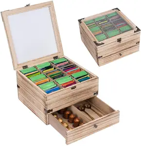 Caja de té de madera rústica, organizador de 2 niveles, almacenamiento de té con 11 compartimentos y cajones para el hogar