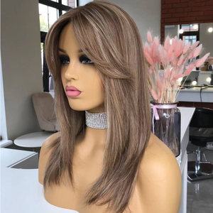 Haute qualité <span class=keywords><strong>frange</strong></span> couches cendré brun surbrillance <span class=keywords><strong>blonde</strong></span> avant de lacet perruques sans colle européenne cuticule aligné perruques de cheveux humains - Product Image 3