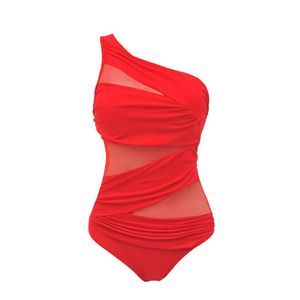 Maillot de bain une pièce à carreaux grande taille pour femmes avec insert en maille transparente à épaule unique et design respirant - Product Image 5