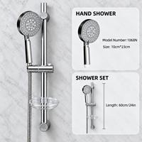 Ensemble de douche classique gris chromé poli avec pommeau de pluie, douchette à main, flexible de douche, rail réglable en hauteur, fixation murale sans perçage intégrée