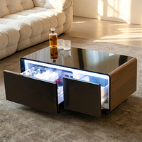 Table basse intelligente pour salon avec 2 tiroirs réfrigérants, plateau en verre trempé, ports USB, haut-parleur musical, charge sans fil