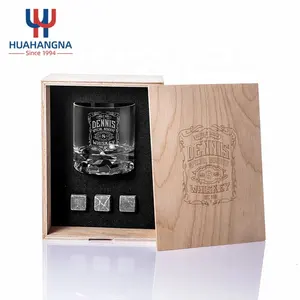 Whiskey Glass Set Box Wooden Premium Custom Logo 300ml Crystal Glass Rock Cocktail Whiskey Glasses Set With Granite Chilling Stones In Wooden Gift Box