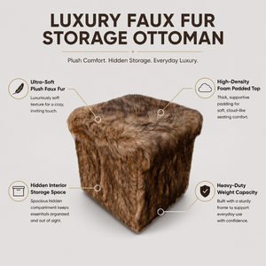 Pouf <span class=keywords><strong>de</strong></span> <span class=keywords><strong>rangement</strong></span> pliable moderne en fausse fourrure marron, siège rembourré décoratif pour salons, chambres et entrées d'hôtels - Product Image 4