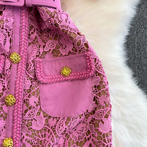 Robe Élégante Française d'Été, Industrielle Lourde, Tempérament, Dentelle Épissée, Manches Courtes Creuses, Col Trapèze, Robe Ajustée - Product Image 3