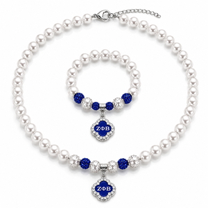Elegante Set di <span class=keywords><strong>Collana</strong></span> e Bracciale di Perle <span class=keywords><strong>con</strong></span> Accenti Blu, Gioielli per Confraternite Zeta Phi Beta, per Laurea o Eventi Formali - Product Image 1