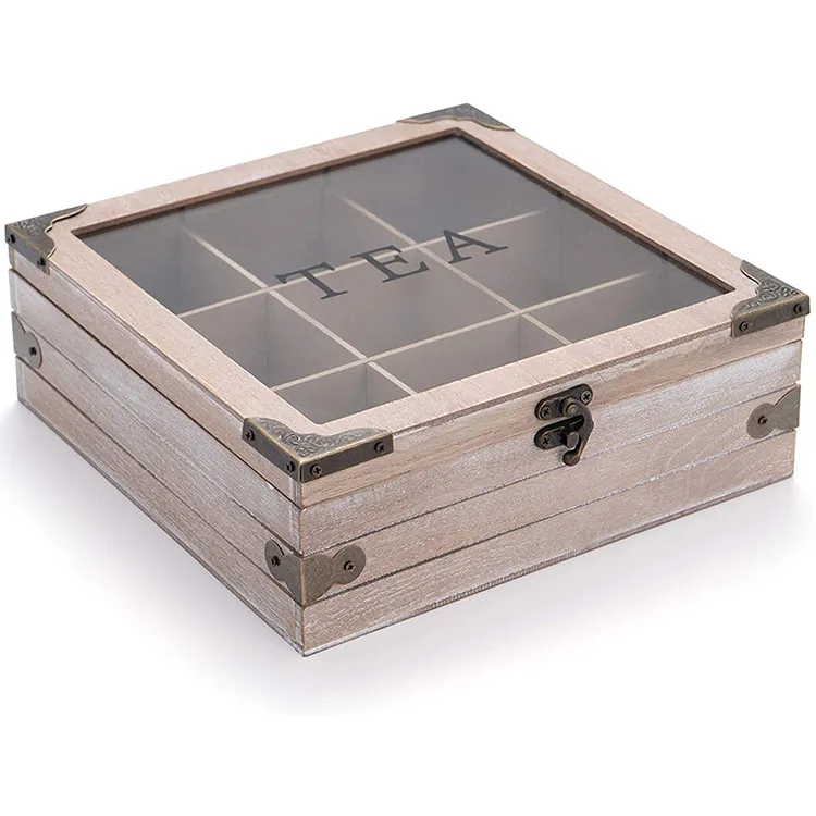 Rustic Wooden Tea Box Organizer Wood Tea Bag Holder Box for Storage Tea Caddy