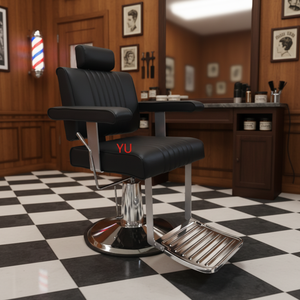 Fauteuil de barbier style antique noir et or, capitonné en cuir, avec pompe hydraulique et base ronde, pour la coiffure, à vendre - Product Image 1