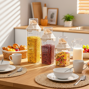 Bocaux de stockage de céréales étanches de qualité alimentaire (3 tailles) avec <span class=keywords><strong>bec</strong></span> verseur et couvercle doseur 2 en 1, contenants de garde-manger à verrouillage 4 côtés - Product Image 1