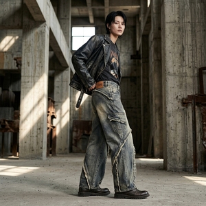 Jeans da Uomo alla Moda Personalizzati Stile Hip Hop Gamba Dritta Autunnali Effetto Lavato - Product Image 6