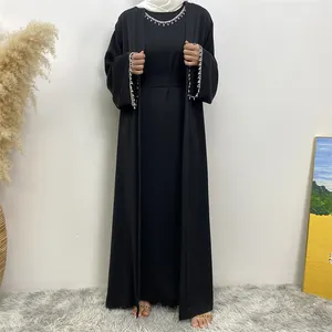 韩国奈达面料设计韩国黑色Abayas De Lujo裙子套装青少年迪拜优雅纽扣面料