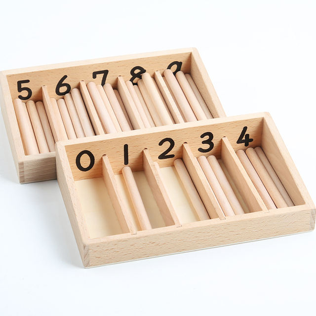 Educational Montessori Wooden Mathematics Teaching Tools Numbered Spindle Box with 45 Spindles for Ages 2-7
