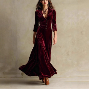 Dropshipping Shopify Plus Size Womens Button Down Lapel Collar Long Sleeve High Waist Flared Maxi Dress Solid Color - Product Image 4