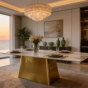 Table à manger de luxe de style italien en acier inoxydable doré <span class=keywords><strong>6</strong></span> <span class=keywords><strong>places</strong></span> avec plateau en marbre naturel <span class=keywords><strong>ardoise</strong></span> Meubles modernes pour villa - Product Image 1