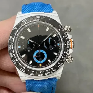 Trendy high-end mechanical <b>watch</b> with carbon fiber bezel, <b>sports</b> chronograph with blue nylon strap and three-eye function. - Product Image 1